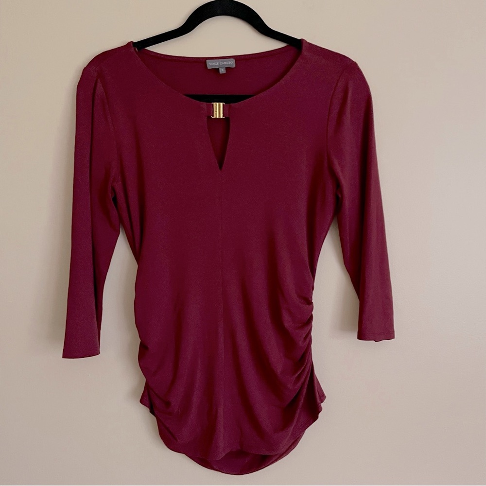 Vince Camuto Women's 3/4 Sleeve Jersey Knit Top Shirred Sides Burgundy Size S
